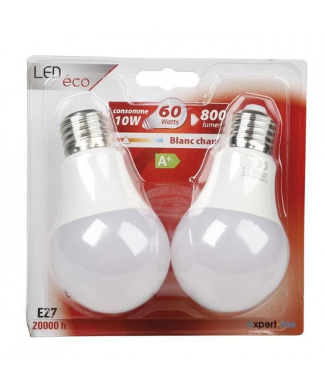 EXPERTLINE Lot de 2 Ampoules LED E27 10 W équivalent a 60 W blanc chaud
