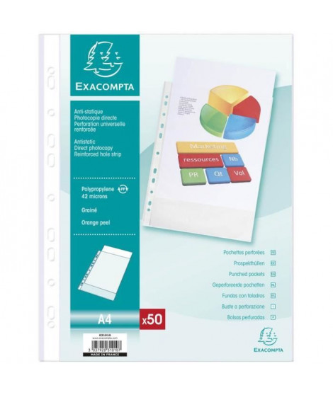 EXACOMPTA - 50 pochettes perforées - 21 x 29,7 - Polypropylene lisse incolore 42µ - 11 trous - Sous film