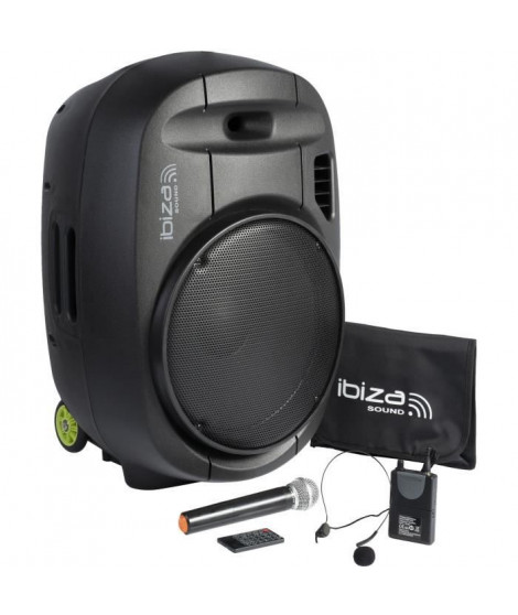 IBIZA - PORT15VHF-MKII - Systeme enceinte de sonorisation portable autonome 15/38CM AVEC USB, Bluetooth et 2 micros VHF
