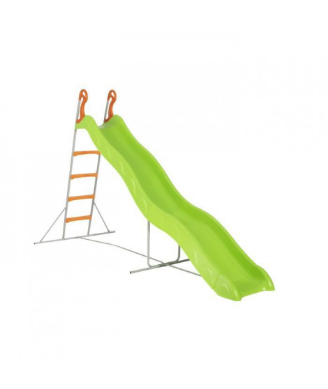 Toboggan PYROU de 3,32m de glisse , coloris vert avec 4 echelons anti-dérapant coloris orange, structure métal coloris gris.