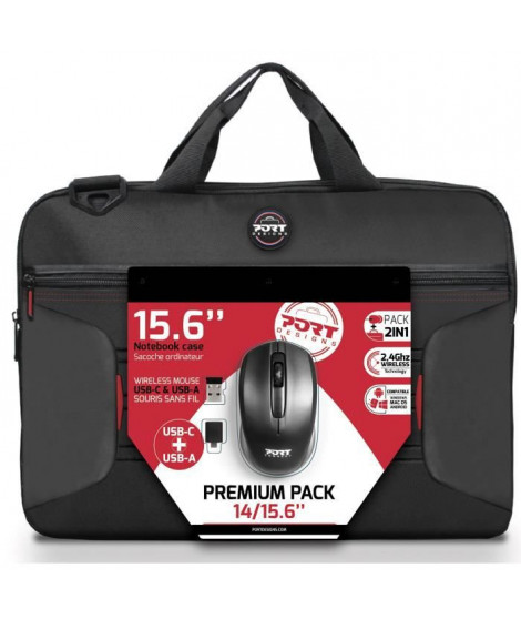 PREMIUM PACK : Sacoche pour PC Portable 15 + Souris sans fil + Dungle USB & Adaptateur Type C