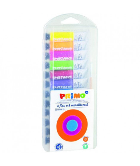 PRIMO 450T12FMP Tube de gouache spéciale 12 ml: 4 couleurs fluos et 8 couleurs métalliques.