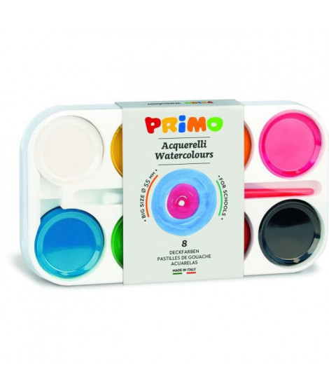 PRIMO 093A8T Pastilles de gouache, épaisseur 13 mm Ø 55 mm, boîte en plastique, 8 couleurs.
