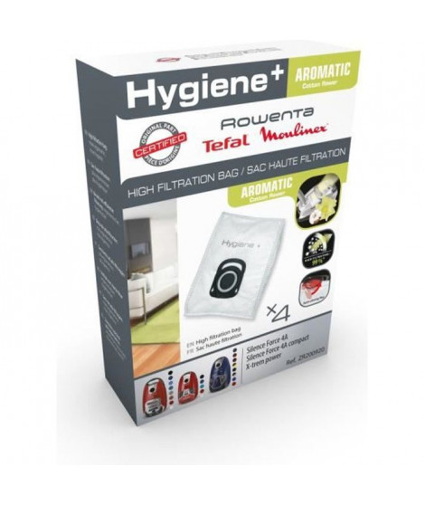 Pack de 4 sacs Haute Filtration Hygiene+ pour ROWENTA Silence Force / X-trem Power