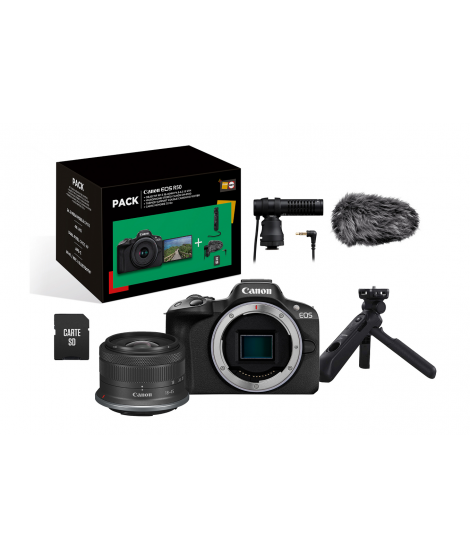 Appareil photo hybride Canon Pack EOS R50 + RF-S 18-45mm f/4.5-6.3 IS STM + Micro + Trépied + Télécommande + carte SD + Chargeur